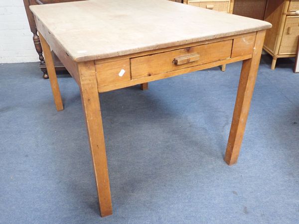 A UTILITY TYPE KITCHEN TABLE, WITH SCRUBBED PINE TOP