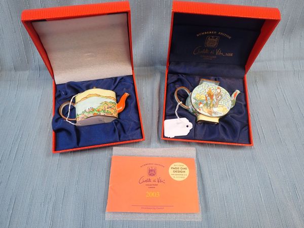 CHARLOTTE DI VITA COLLECTION (GOEBEL): TWO MINIATURE ENAMEL TEAPOTS