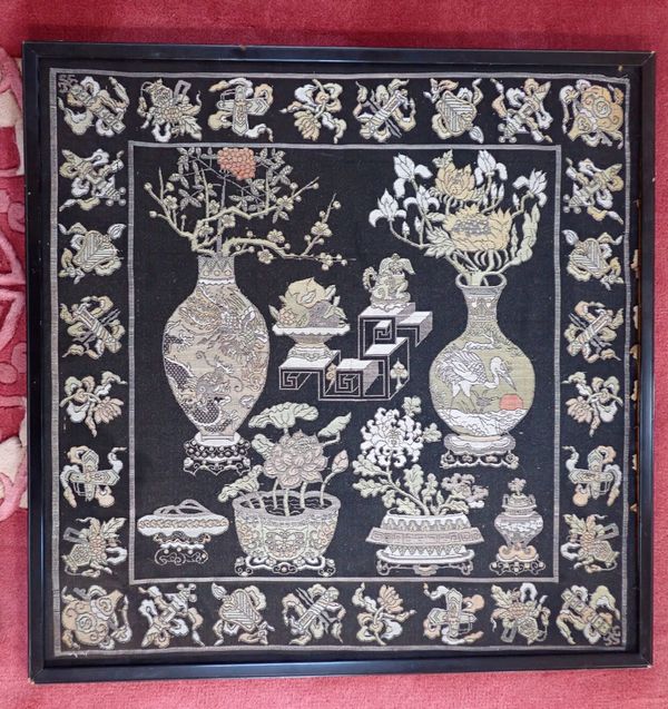 A CHINESE SILK EMBROIDERED PANEL