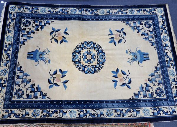 CHINESE PEKING RUG BLUE ON CREAM GROUND