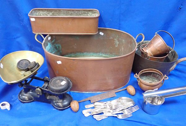 A COLLECTION OF COPPER PANS, A SET OF SCALES