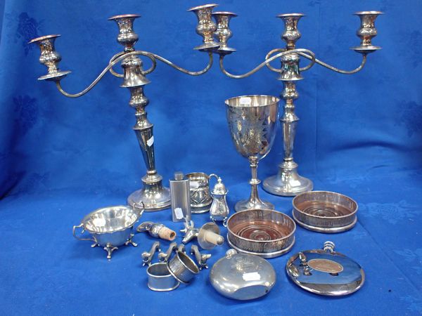 A PAIR OF  SILVER-PLATED ON COPPER THREE-BRANCH CANDELABRA