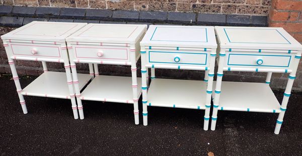 TWO PAIRS OF FAUX-BAMBOO BEDSIDE TABLES