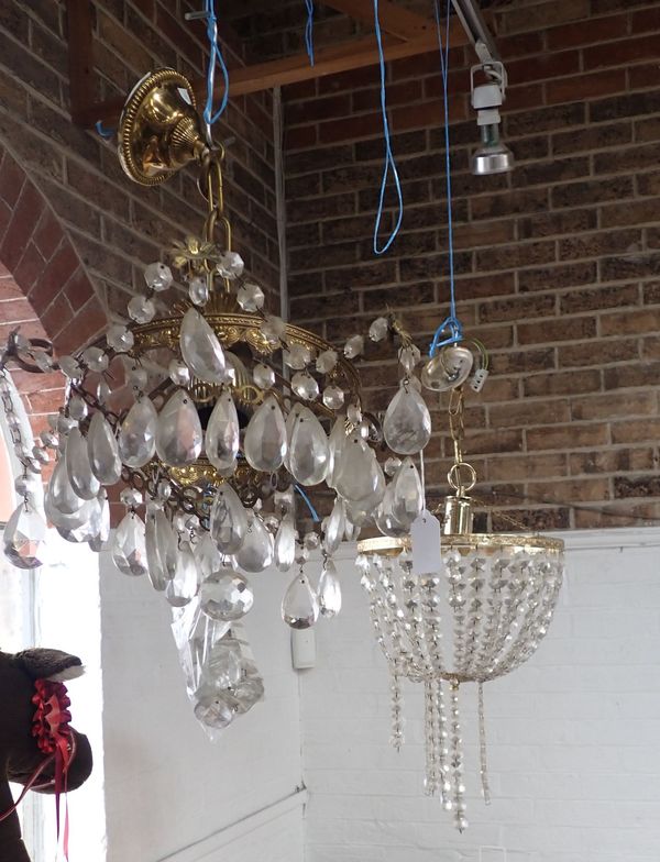 TWO CHANDELIERS WITH GLASS DROPS