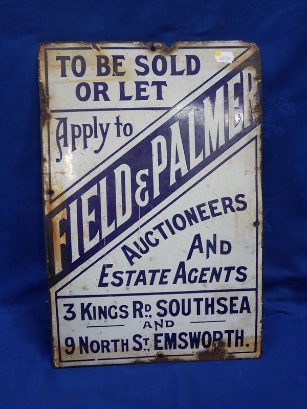 AN ENAMELLED SIGN: 'FIELD & PALMER, AUCTIONEERS AND ESTATE AGENTS'