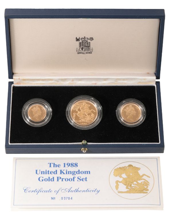 A 1988 ROYAL MINT GOLD PROOF THREE COIN SET