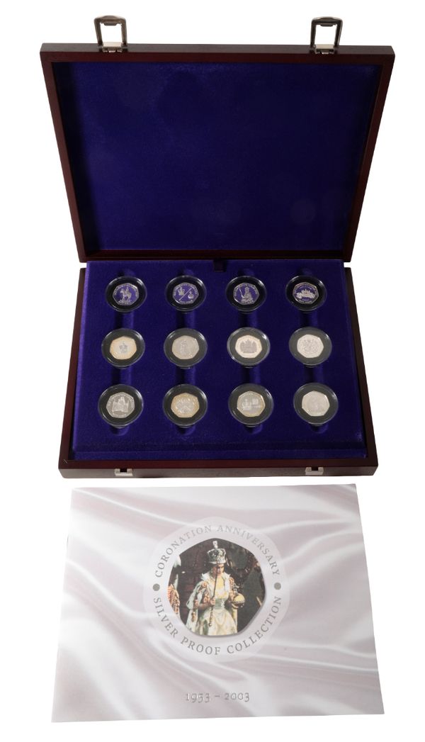 A ROYAL MINT 1953-2003 CORONATION ANNIVERSARY SILVER PROOF COLLECTION OF 50 PENCE COINS