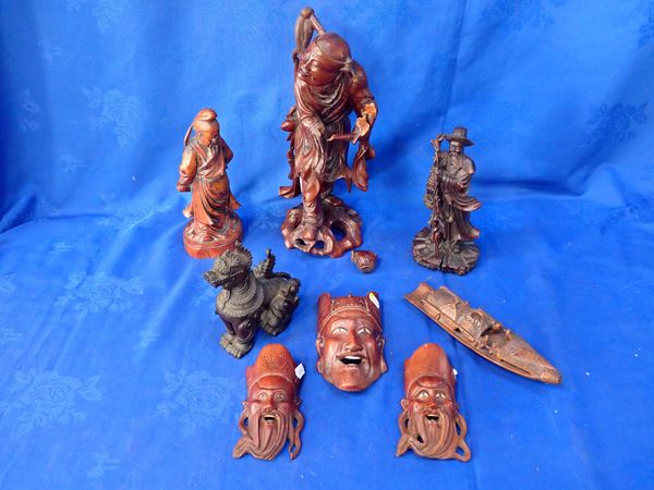 THREE JAPANESE CARVED WOODEN MASKS, AND OTHER CARVINGS