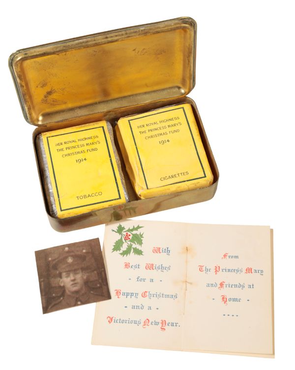 A PRINCESS MARY TIN WITH TOBACCO AND CIGARETTES.