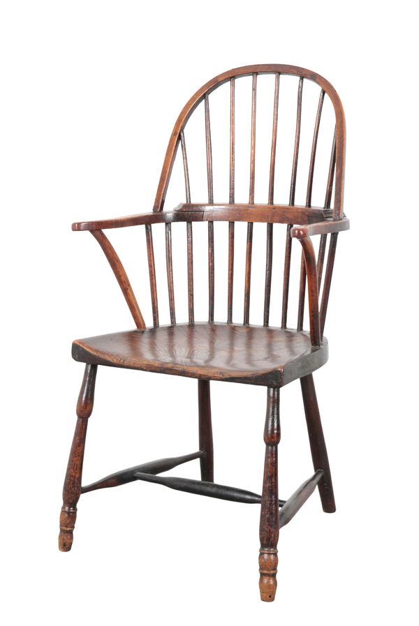 A 19TH CENTURY ASH AND ELM STICK BACK ARMCHAIR