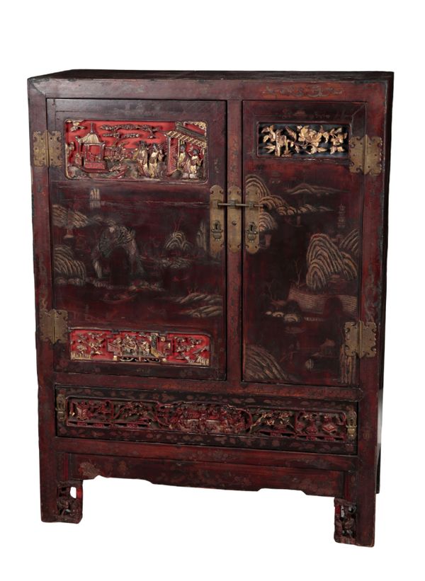 A CHINESE PAINTED CABINET ON STAND