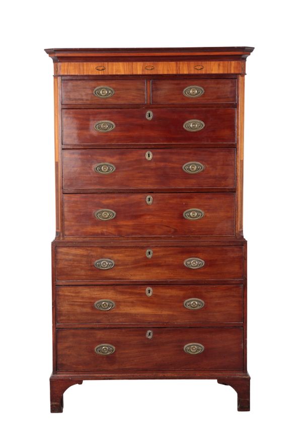 A GEORGE III STYLE MAHOGANY AND SATINWOOD INLAID CHEST ON CHEST