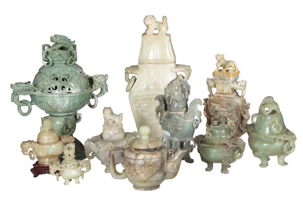 A COLLECTION OF CHINESE 'JADEITE' CENSER AND COVERS