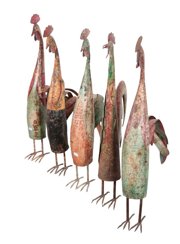 A GROUP OF FIVE PAINTED METAL COCKERELS