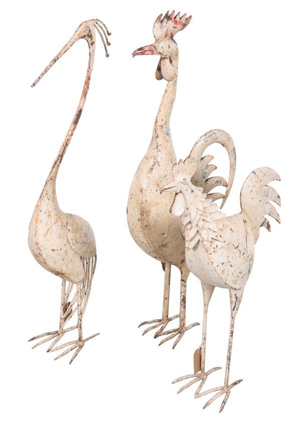 A GROUP OF THREE WHITE-PAINTED METAL BIRDS
