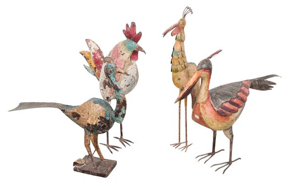 A GROUP OF FOUR PAINTED METAL BIRDS