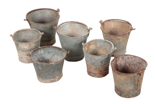 A GROUP OF SEVEN GALVANISED METAL BUCKETS