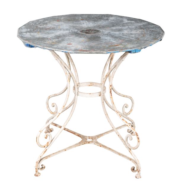 A WHITE-PAINTED AND GALVANISED METAL GARDEN TABLE
