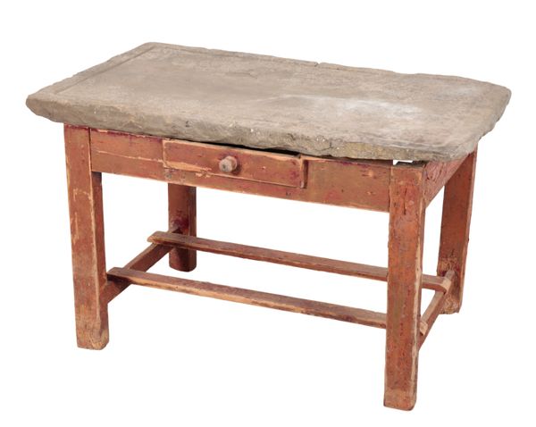A RED-PAINTED AND STONE TOPPED TABLE