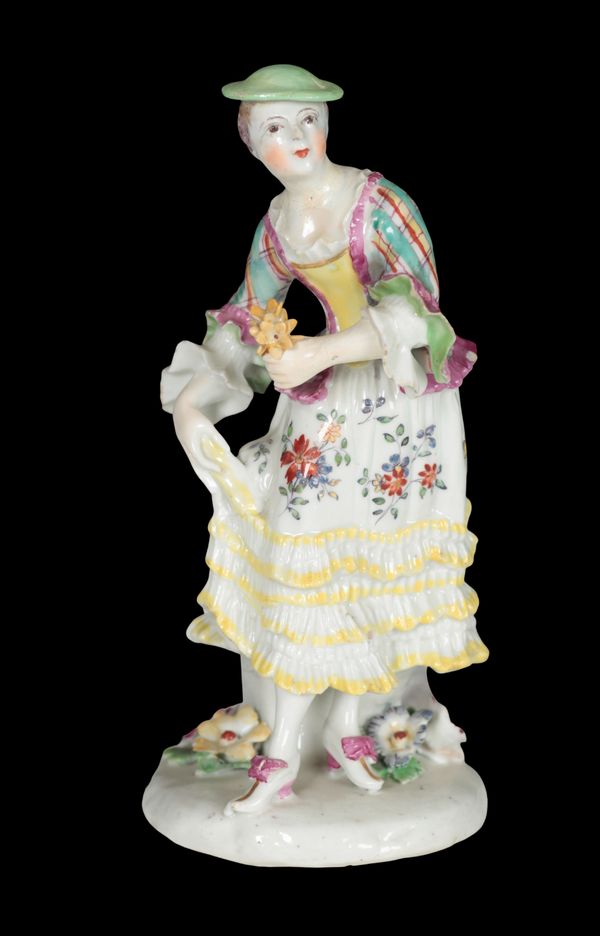 A MID 18TH CENTURY DUESBURY & CO DERBY PORCELAIN FIGURE - A SCOTTISH DANCER