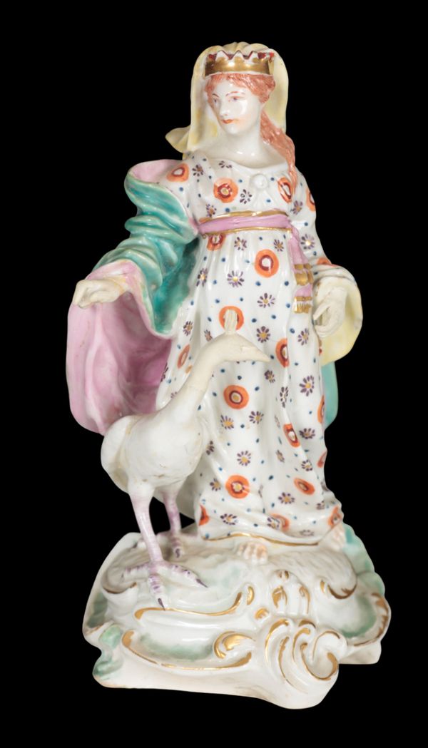 AN 18TH CENTURY DUESBURY & CO DERBY PORCELAIN FIGURE - JUNO AND THE PEACOCK