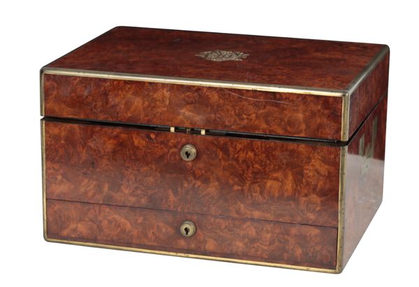 A VICTORIAN BURR WALNUT AND BRASS MOUNTED DRESSING BOX BY WILLIAM LEUCHARS, LONDON