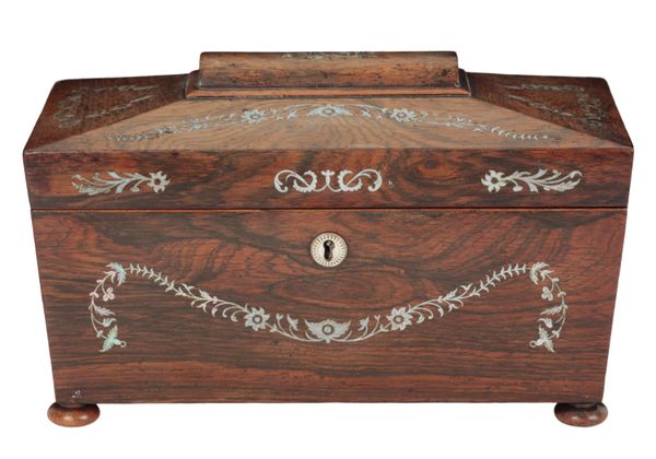 A REGENCY ROSEWOOD AND MOTHER OF PEARL INLAID TEA CADDY