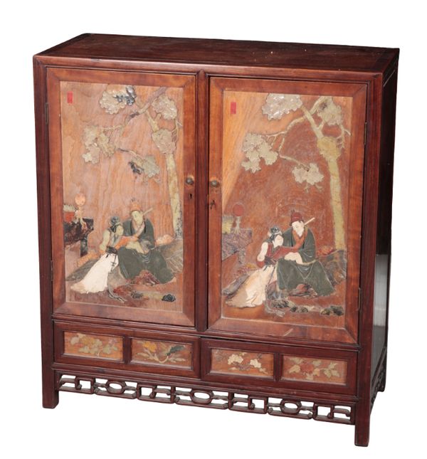 A CHINESE HARDWOOD AND SOAPSTONE INLAID CABINET