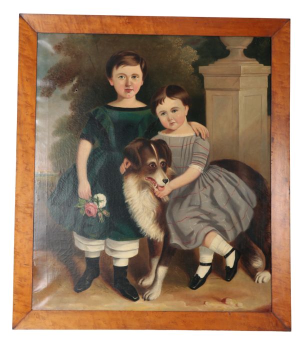 19TH CENTURY ENGLISH SCHOOL - A NAIVE PORTRAIT OF TWO SISTERS AND THEIR DOG