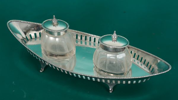A GEORGE V SILVER OVAL INKSTAND