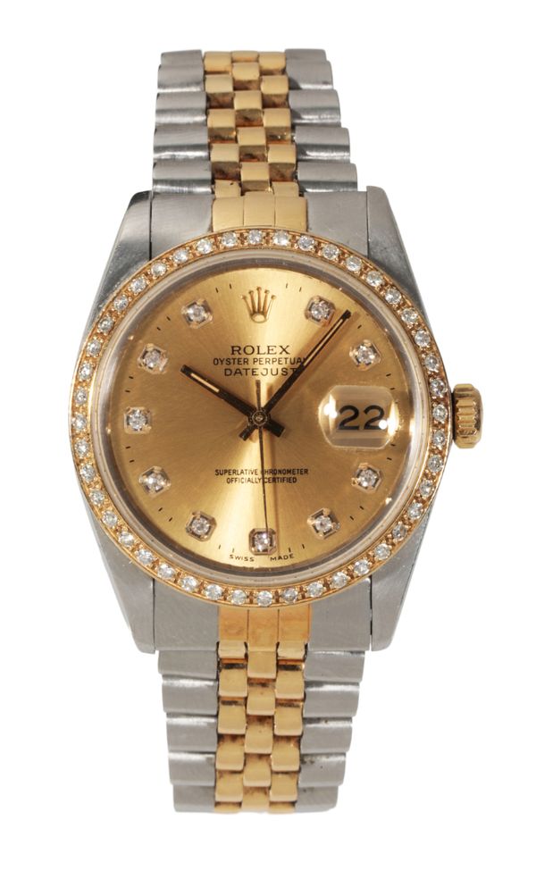 ROLEX OYSTER PERPETUAL DATE JUST: A GENTLEMAN'S GOLD AND STEEL BRACELET WATCH