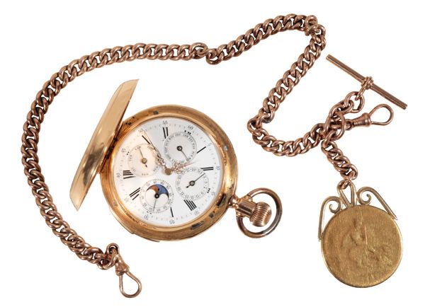 A GENTLEMAN'S 18CT GOLD CHRONOGRAPH AND MOON PHASE POCKET WATCH