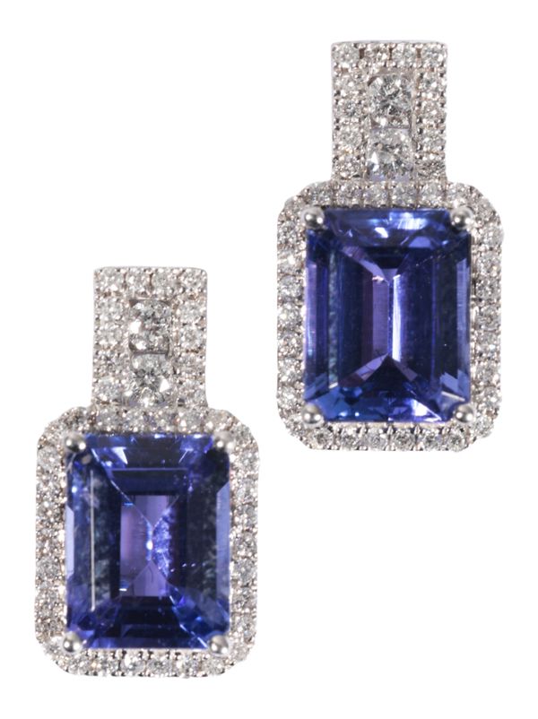 A PAIR OF TANZANITE AND DIAMOND CLUSTER EARRINGS,