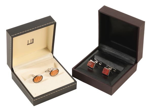 DUNHILL: A PAIR OF GENTLEMAN'S SILVER AND CARNELIAN CUFFLINKS