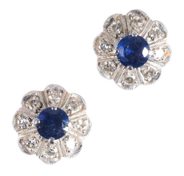 A PAIR OF SAPPHIRE AND DIAMOND CLUSTER EARRINGS