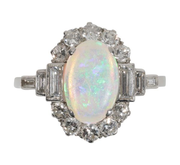 AN ART DECO OPAL AND DIAMOND RING