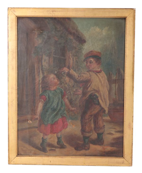 19TH CENTURY ENGLISH SCHOOL, A BOY AND GIRL BLOWING BUBBLES