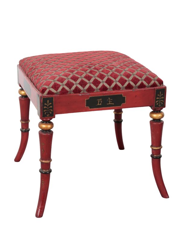 A CHINOISERIE RED LACQUER STOOL, WITH MORGAN AND SANDERS LABEL