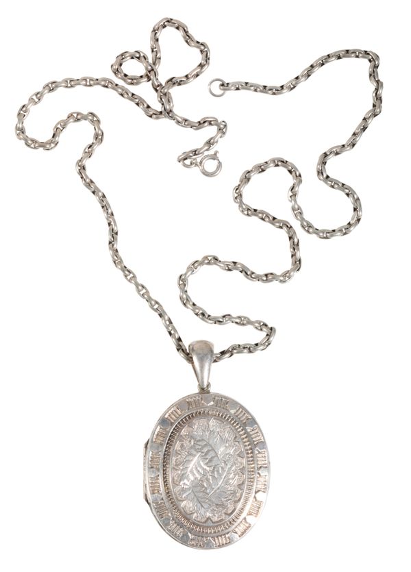 A VICTORIAN SILVER LOCKET AND CHAIN