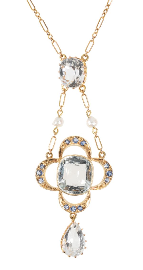 A BELLE EPOQUE AQUAMARINE, SAPPHIRE AND SEED PEARL PENDANT NECKLACE