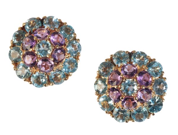 A PAIR OF AMETHYST AND TOPAZ CLUSTER EARRINGS