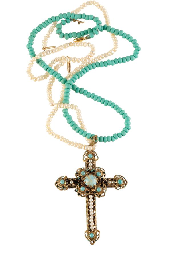 A TURQUOISE AND SEED PEARL CROSS PENDANT