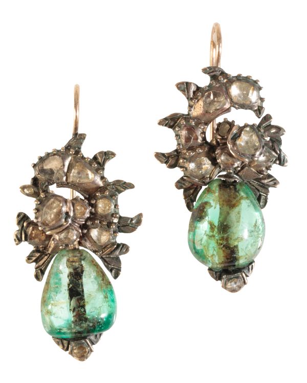A PAIR OF OLD-CUT DIAMOND AND EMERALD EARRINGS