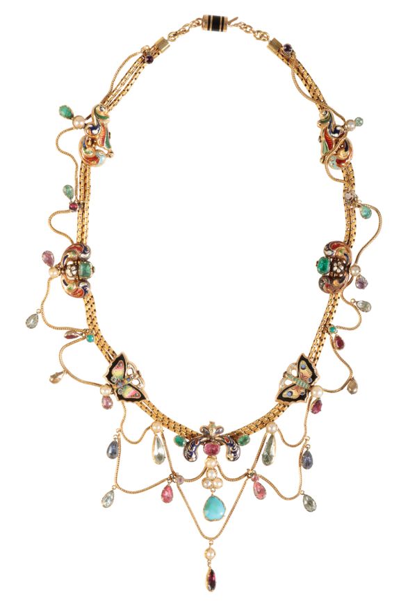 19TH CENTURY GEM-SET AND ENAMEL FRINGE NECKLACE