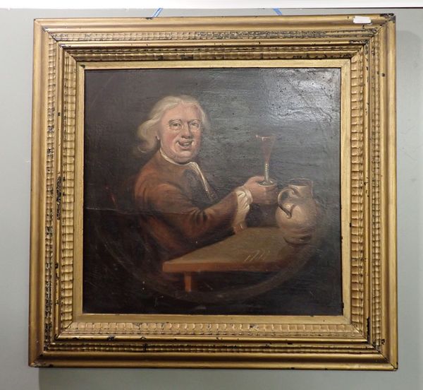 AN OIL ON PANEL PAINTING OF A JOVIAL DRINKER