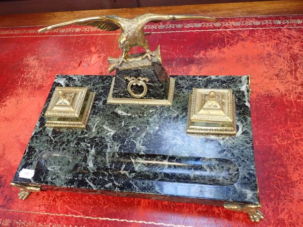 A  FRENCH EMPIRE STYLE MARBLE AND BRASS INKSTAND