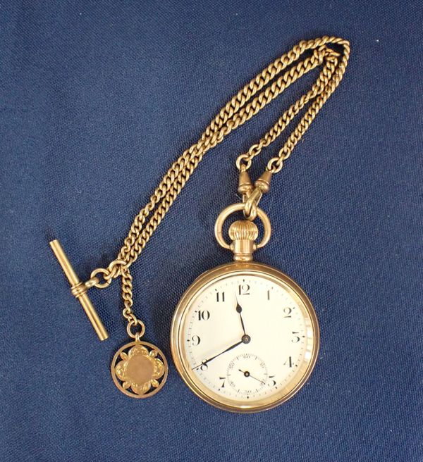 A GOLD PLATED OPEN-FACE KEYLESS LEVER POCKET WATCH