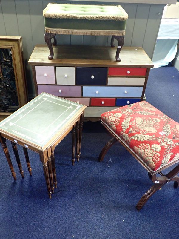 A REPRODUCTION 'X'FRAME STOOL, A CHEST WITH MULTI COLOURED DRAWERS