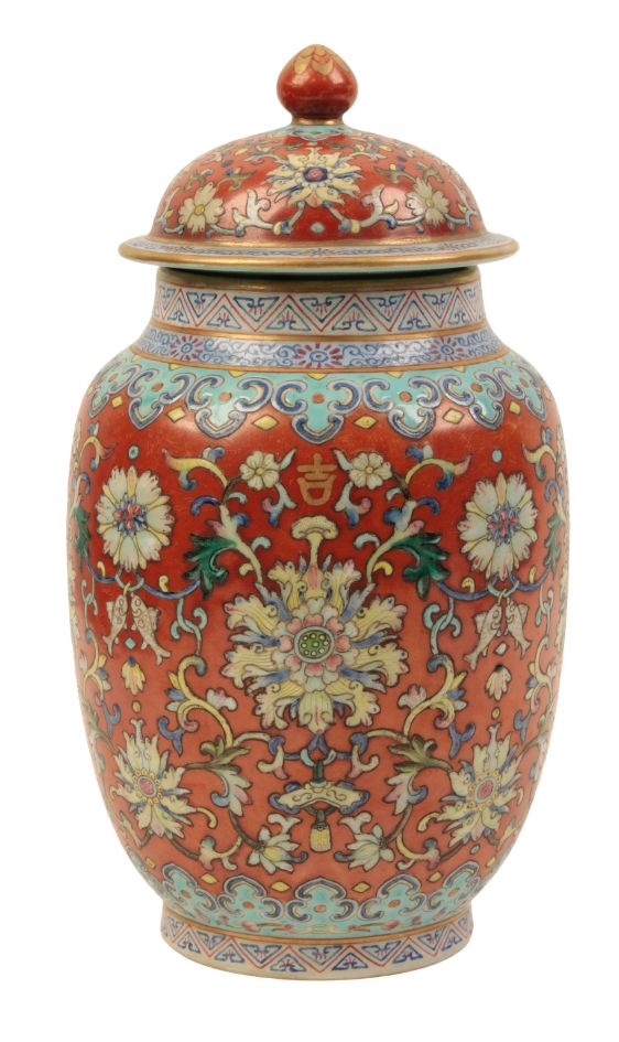 A CHINESE RUBY-GROUND LIDDED JAR