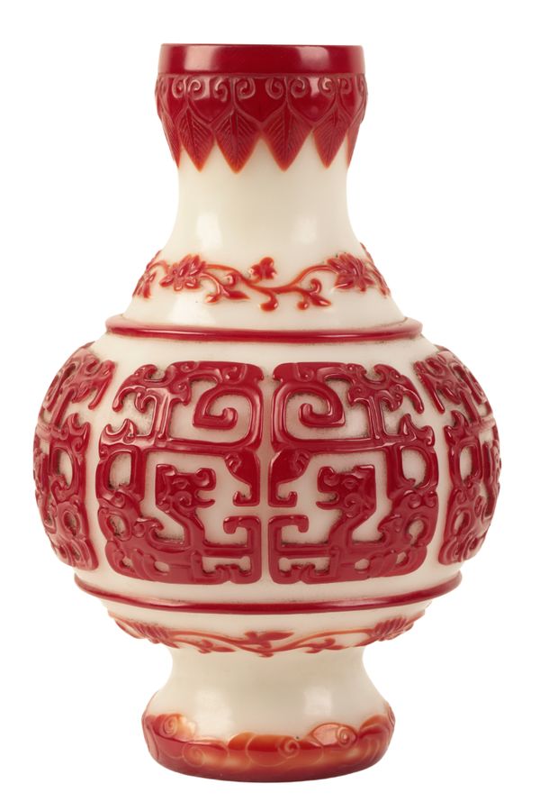 A 'BEIJING' WHITE AND RED OVERLAY GLASS VASE